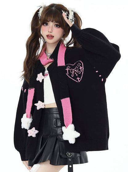 Knit Cardigan with Star Stitch Sweet Cool Scarf