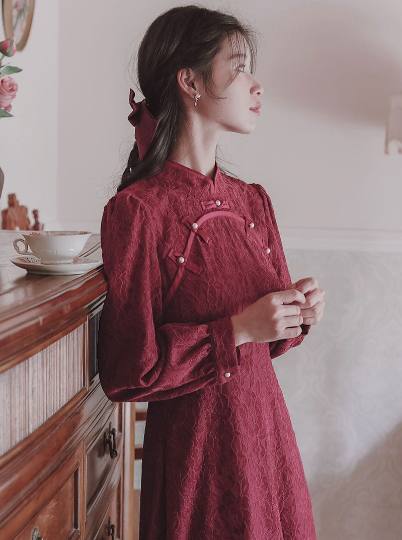 wine red cheongsam dress