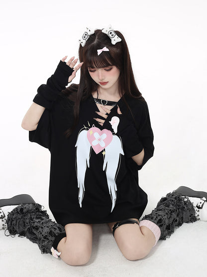 Leather Buckle V-neck Love Angel T-shirt + Wing Arm Cover