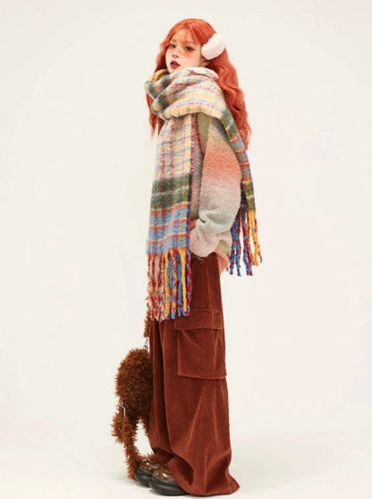 Mohair Rainbow Check Tassel Long Scarf