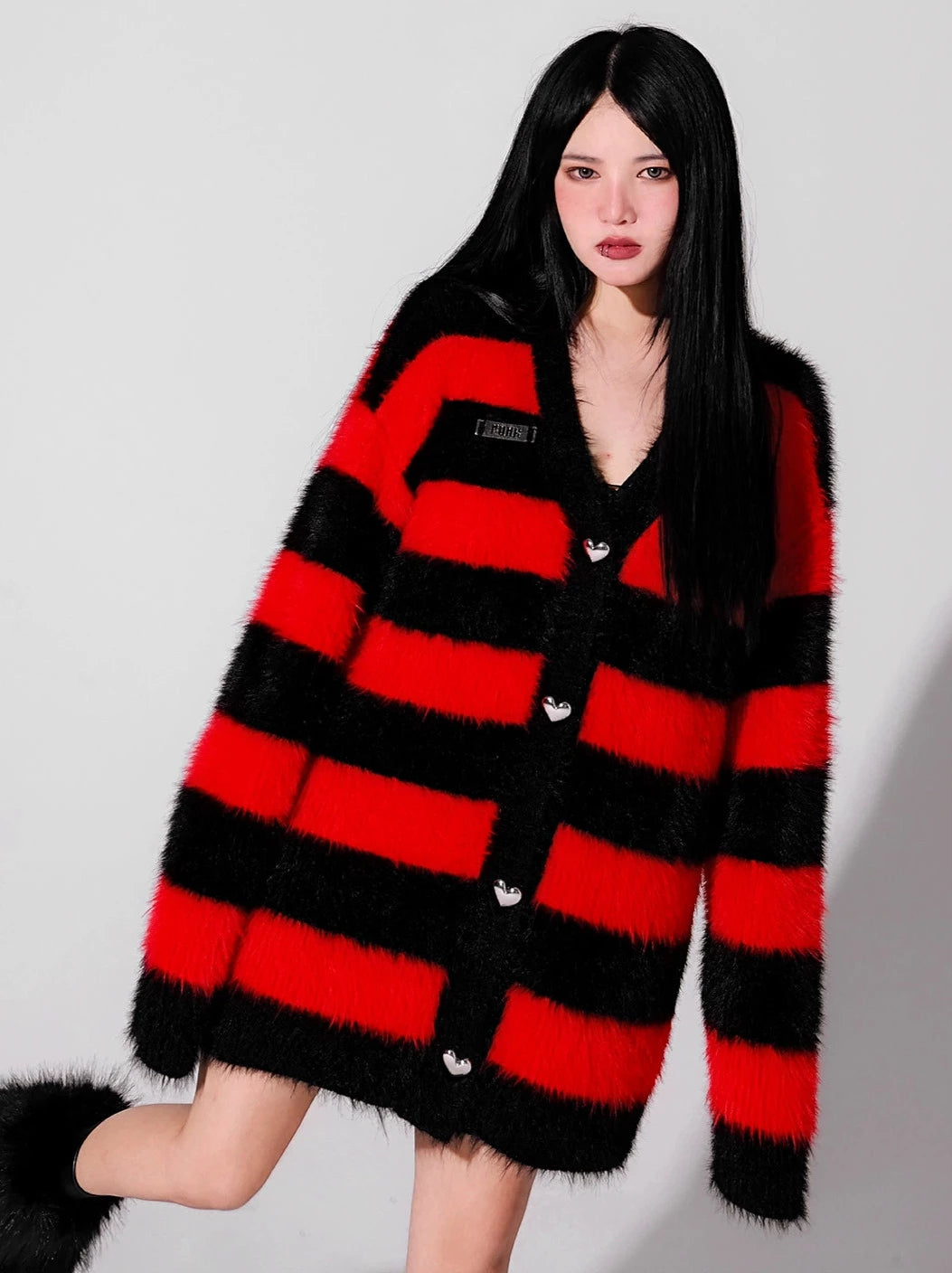 Little Devil Colour Red Black Faux Fur Stripe Punk Knit Cardigan