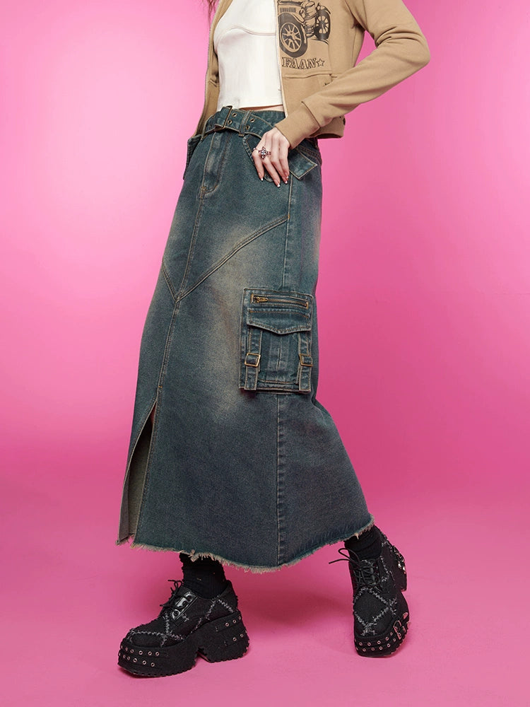 Front slit long denim skirt