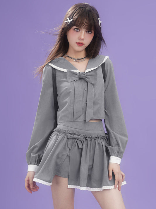 College Style Gray Ribbon Sailor Collar Suit