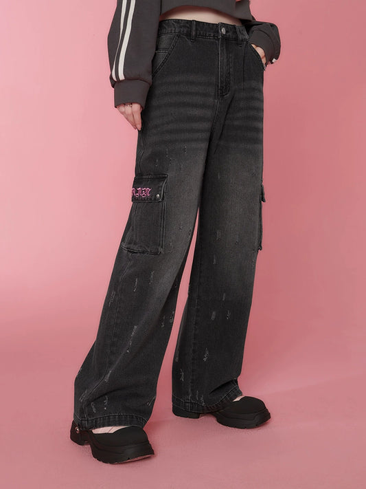SEENFAAN Blooms Jeans American High Street Vintage 2023 New Straight Leg Loose Casual Cargo Pants Women