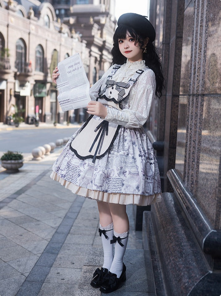 Retro Doll Apron Printed Suspender Skirt Dress