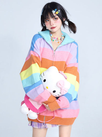 Rainbow Stripe Barbie Girl Knit Zip Cardigan