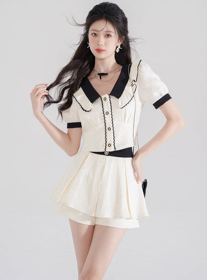 High -end doll color shirt apricot high waist setup