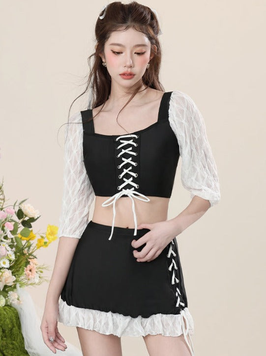 Monochrome lace separate lace -up swimsuit