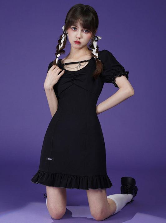 Cross Chain Black Frill Knit Dress