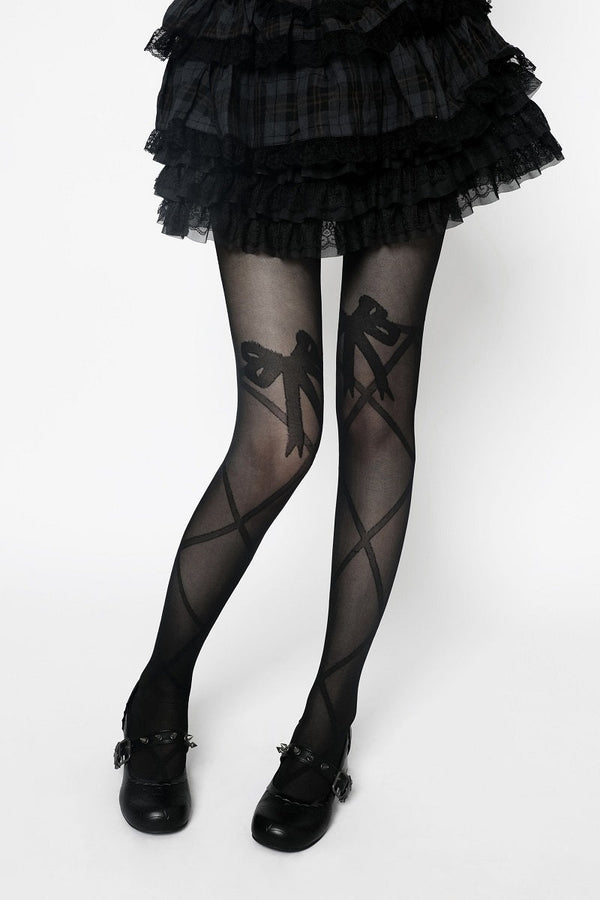 シアーリボンレースアップタイツ
