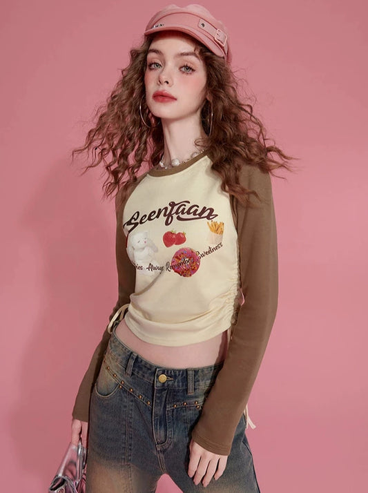SEENFAAN blooms long-sleeved T-shirts women's American vintage babes short drawstring design sense 2023 early fall top