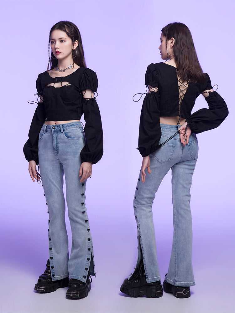 Buckle Collar Puff Lost Sleeve Split Lace Up Top