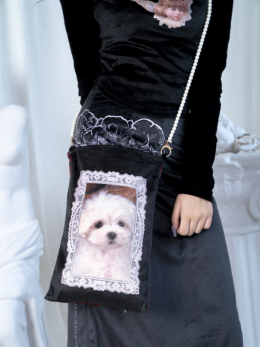 Little Angel Lum Oyster Puppy Print Velvet Slobe Slobe Bag Messenger Bag