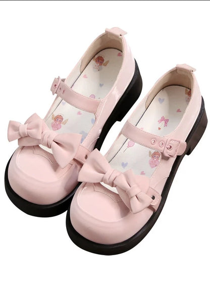 Lolita Sweet Round Toe Mid Heel Ribbon Mary Jane Shoes