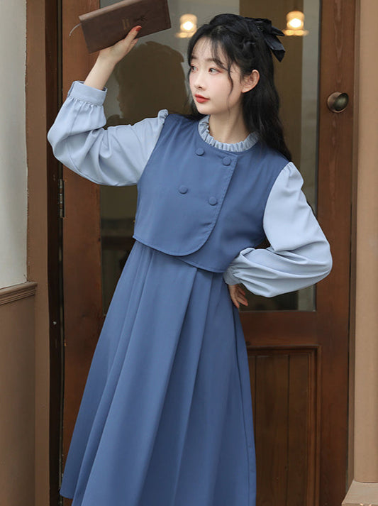 Frill Stand Collar Back Ribbon Layered Dress