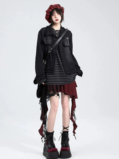 Long T with Hollow Out Pin Decoration Loose Stripe Scarf