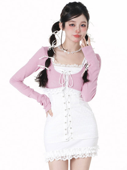 Peach Cardigan Two Piece Sleive Dress Slim Setup