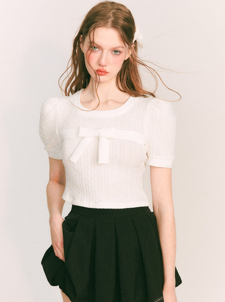 Soft ribbon lib knit cropped tops