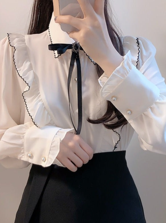 Classical button ribbon blouse