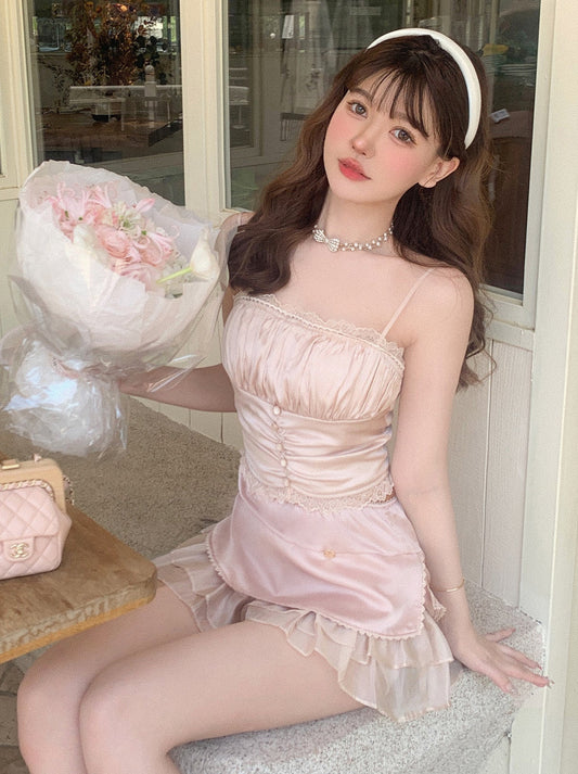 White and Pink Lace Champagne Shirring Sweet Camisole