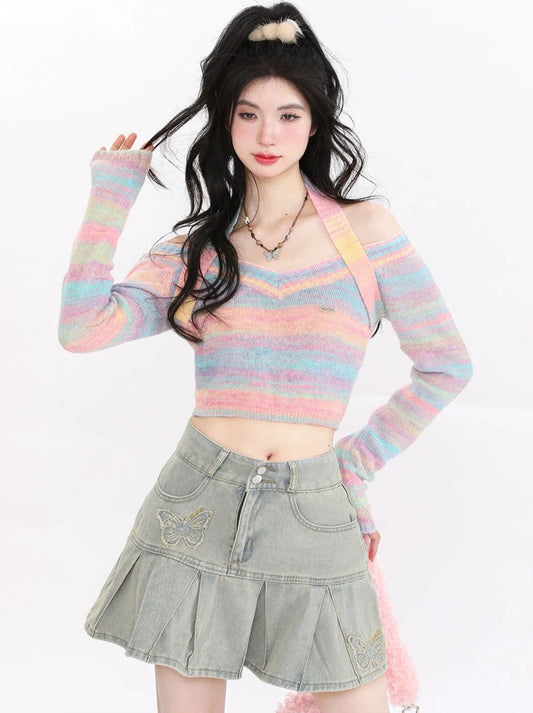 AONW Spring and Autumn New Rainbow Knit Women's Halter Neck Sweet and Spicy Cropped Top