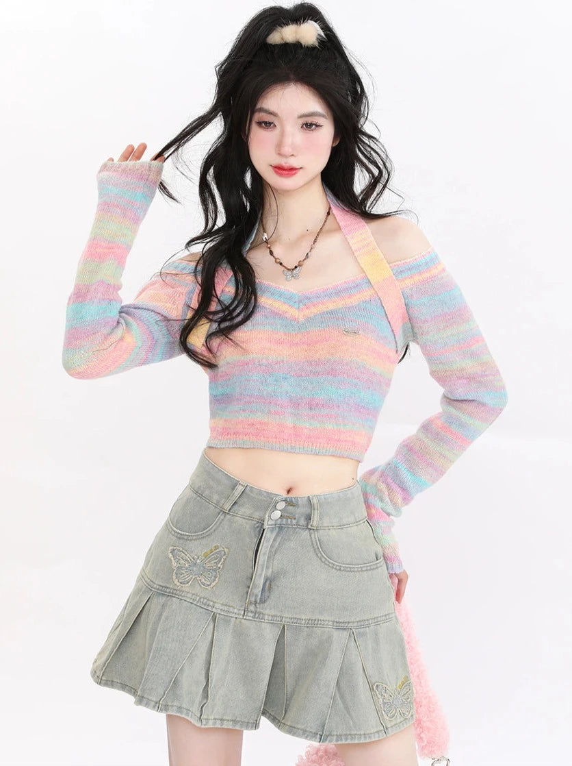 Rainbow Knit Halter Neck Sweet and Spicy Short Top