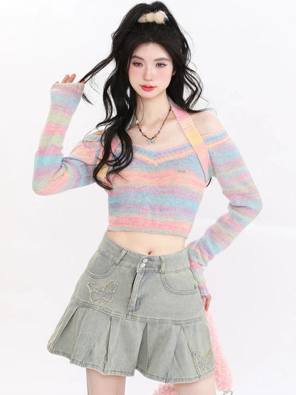 Rainbow Knit Halter Neck Sweet and Spicy Short Top