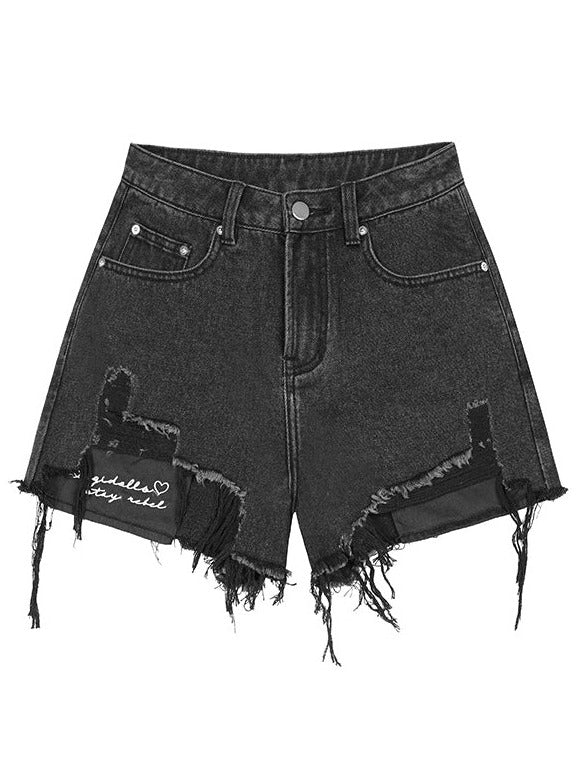 Letter Logo Heart Crush Black Denim Shorts