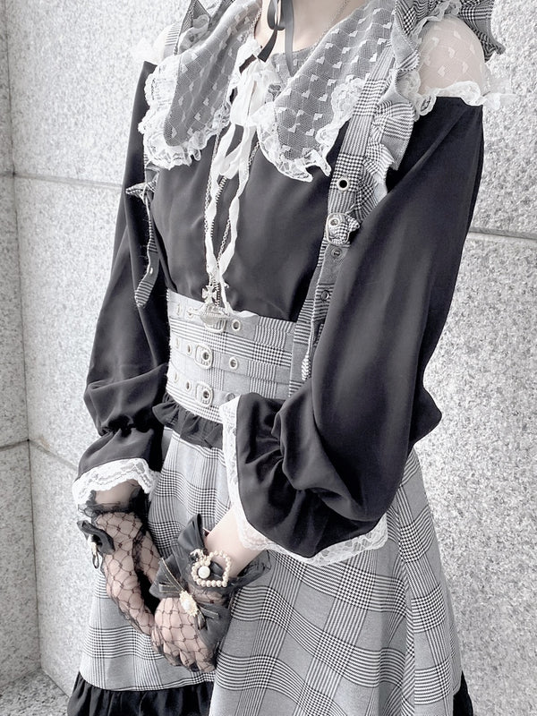 Square collar lace off shoulder zip blouse