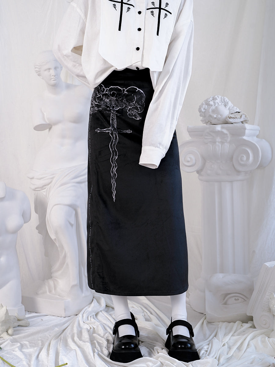 Saber retro print velvet slit high waist west long skirt