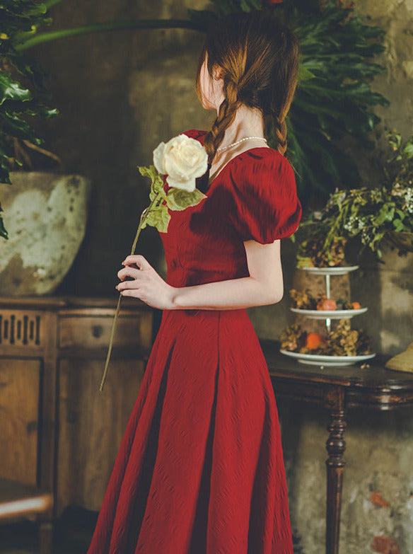 Wine Red Puff Sleeve Crinkle French Dress 