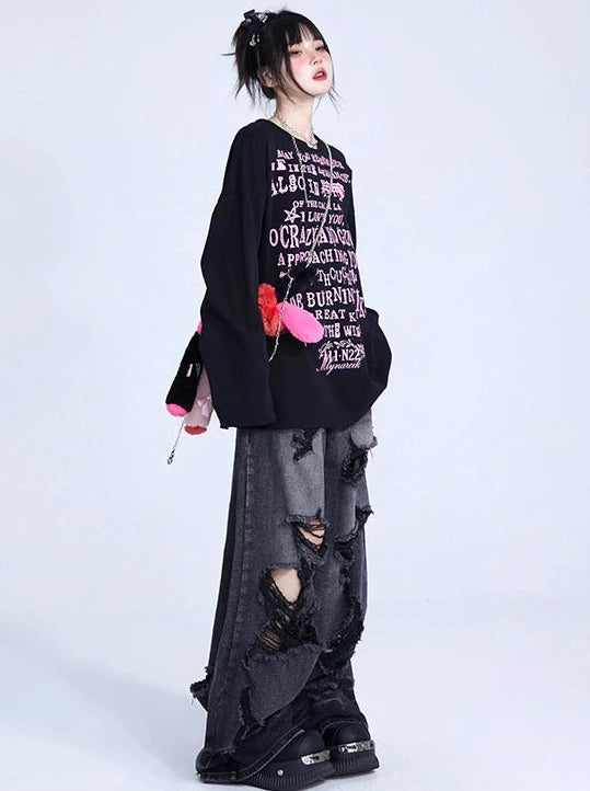 Black Letter Print Loose Long T