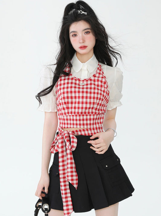 French sweet check + puff sleeve shirt