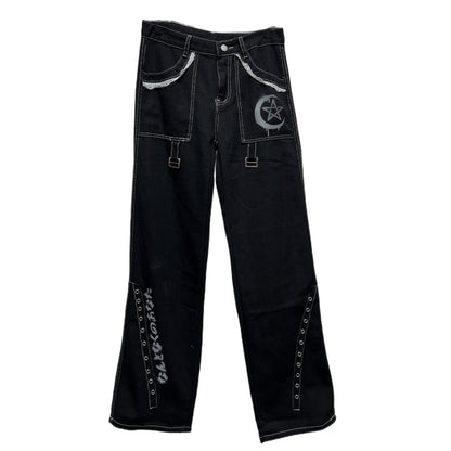 PUNK ROCK BUCKLE EYELET BLACK PANTS + CHAIN ​​HEART BELT