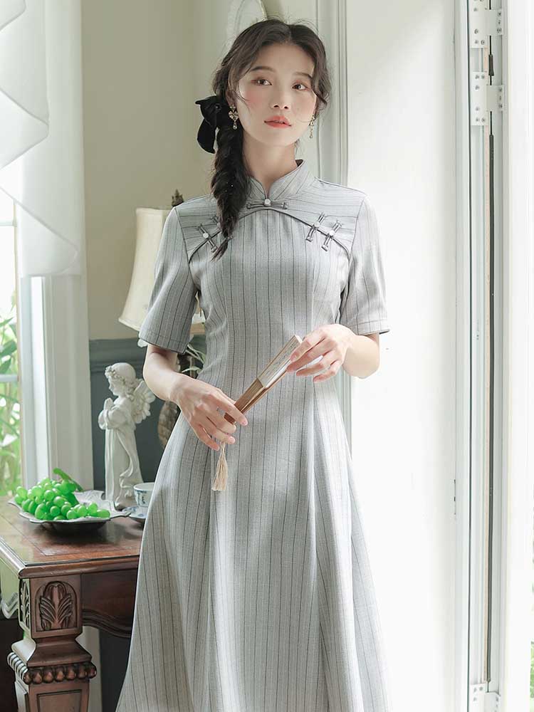 striped cheongsam dress