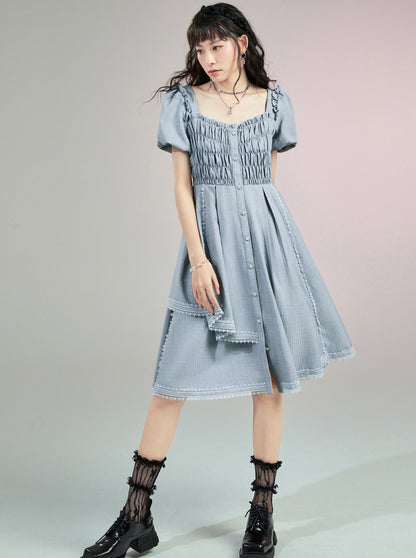 Race layered high waist girl puff sleeve dress