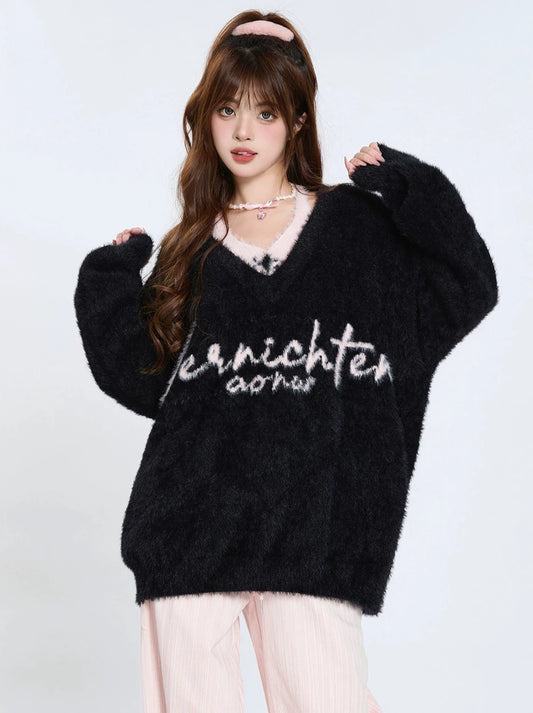 ENJOG sweet and spicy color-block fake two-piece halterneck sweater women's fall/winter 2023 new niche design sense loose top