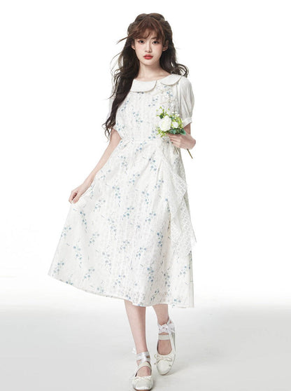 Flower fake two -piece lace dress