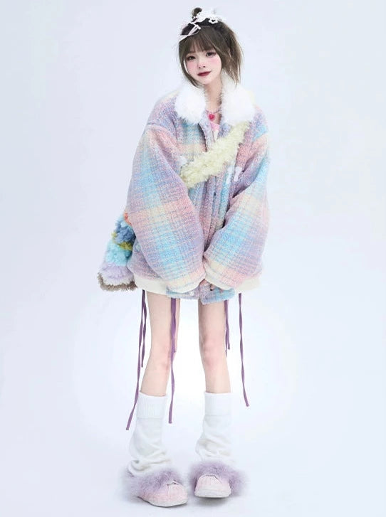 Niche Design Colorful Splicing Loose Lamb Wool Cotton Coat