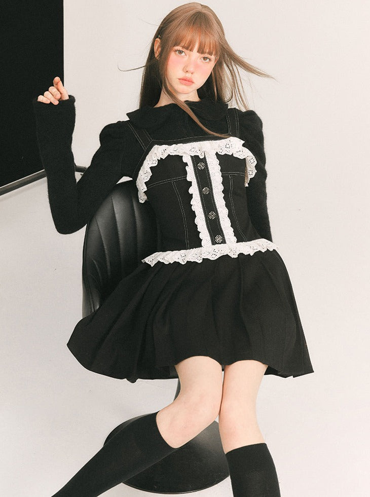 Lace frill black pleated skirt dress