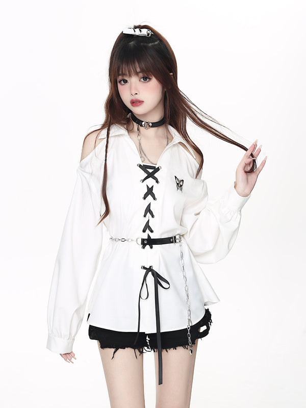 off shoulder chain belt lace up shirt