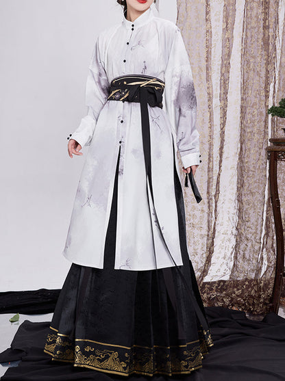 Chemise longue chinoise à col montant et fente + jupe jacquard brodée avec ceinture