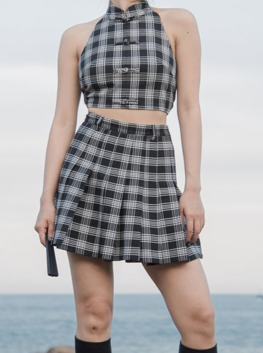 Monochrome check punk rock high waist pleated skirt