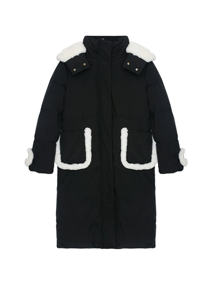 Solid Color Fur Pocket Long Down Coat