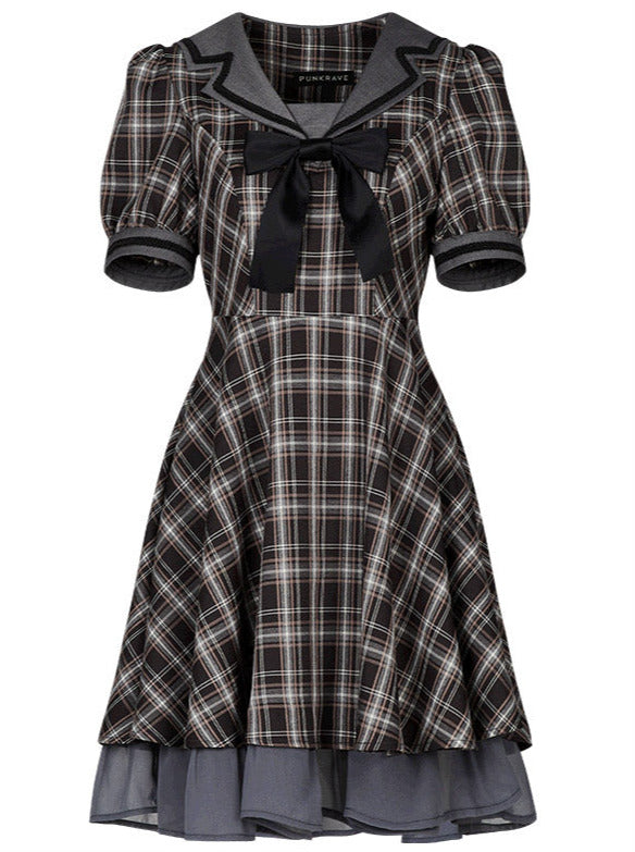 Check Ribbon Sailor Layered Dress