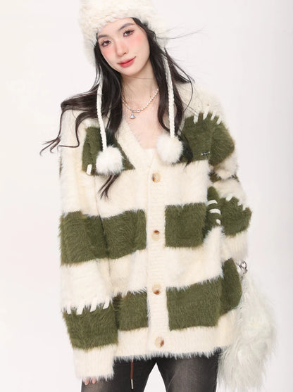 Striped Corian Style Loose Faux Mink Fur Soft Cardigan Knit