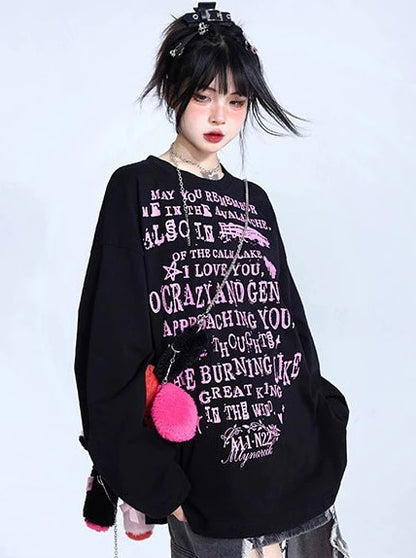 Black Letter Print Loose Long T