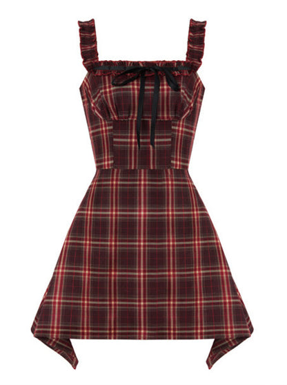 French Retro Check Ilehem Frill Ribbon Sas Dress