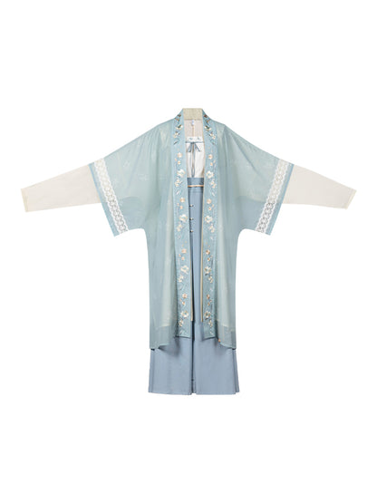 Lace bell sleeve flower sheer jacket + lantern sleeve sheer jacket + ribbon cami top + pearl skirt
