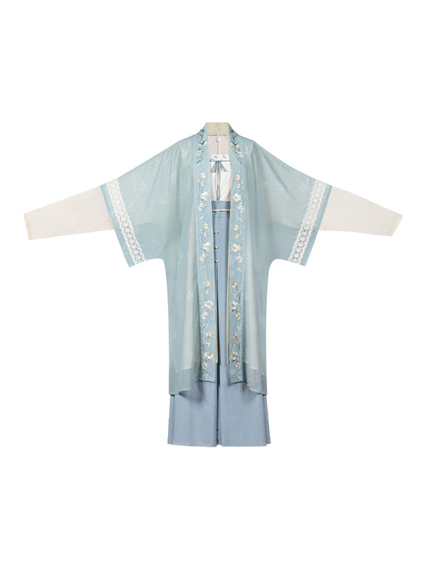 レースベルスリーブフラワーシアージャケット＋ランタンスリーブシアージャケット＋リボンキャミトップス＋パールスカート